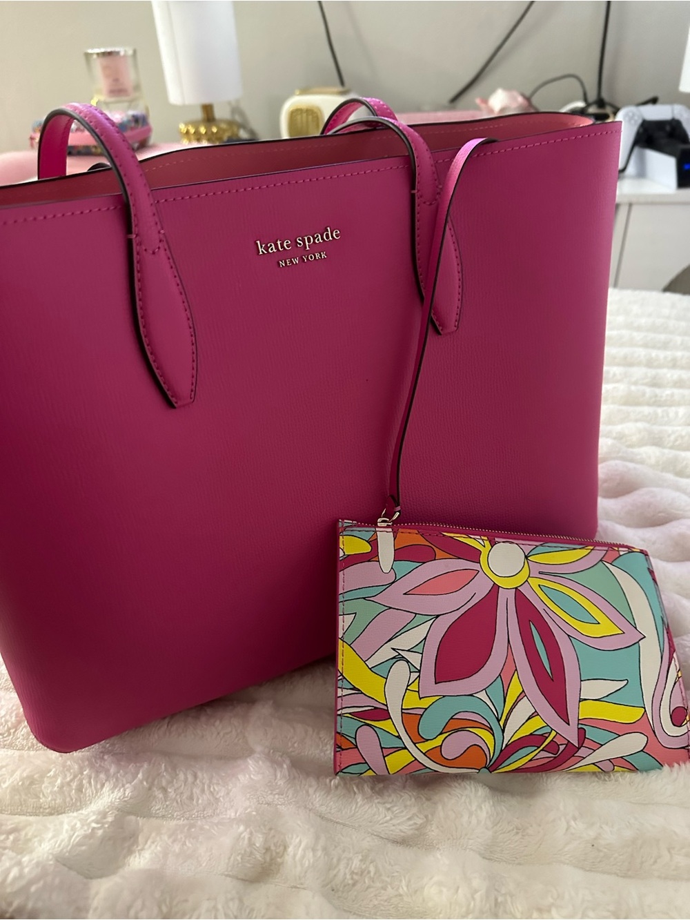 kate spade Bright Pink Leather Tote with Colorful Floral Wristlet